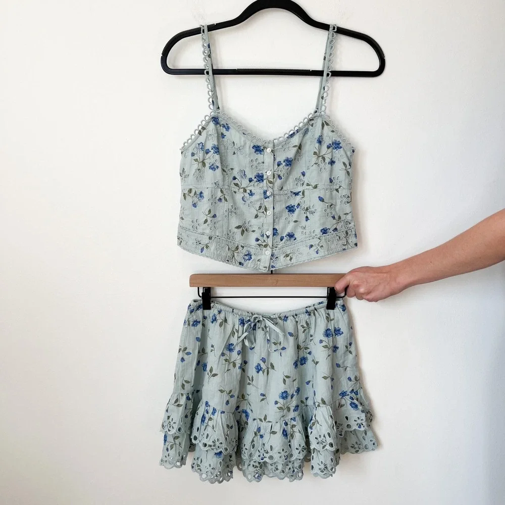 NEW American Eagle Floral Corset Top Tiered Mini Skirt Matching Set Small Blue
